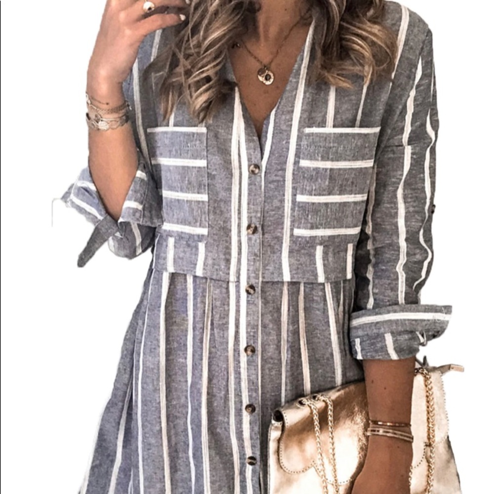 Striped Stitching High Waist Pocket Shirt Mini Dress